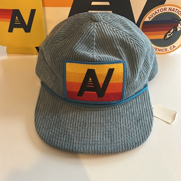 Aviator Nation Accessories - - NWT AVIATOR NATION Logo Rainbow Vintage Corduroy TRUCKER HAT Sea Blue